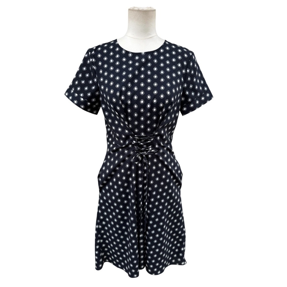 Banana Republic Navy White Print Lace Up Waist Pocket Midi Dress 8